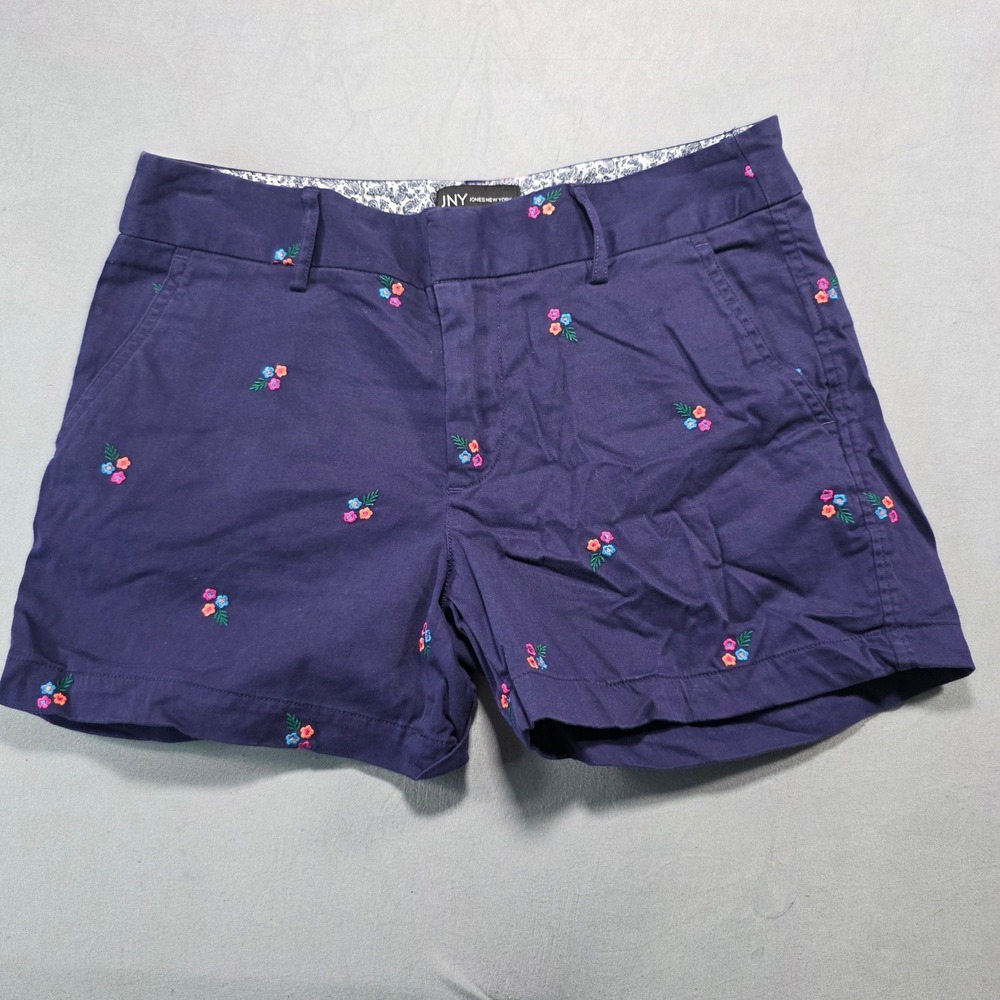 Jones New York Navy Blue Floral Embroidered Chino Shorts Womens Size 2
